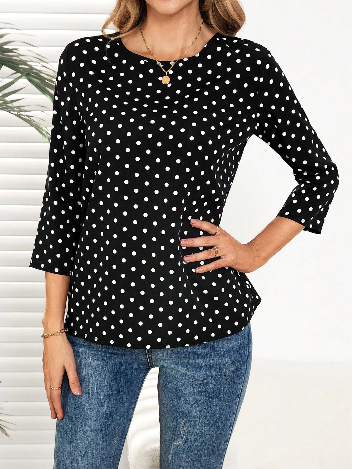EMERY ROSE Women's Polka Dot Print Round Neck 3/4 Sleeve Casual Blouse