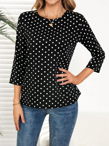 EMERY ROSE Women's Polka Dot Print Round Neck 3/4 Sleeve Casual Blouse