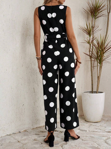 EMERY ROSE Women's Polka Dot Print Sleeveless Jumpsuit With Pocket, Round Neckline And Belted Waistband, Summer