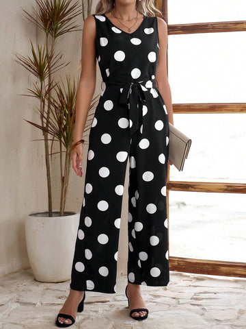 EMERY ROSE Women's Polka Dot Print Sleeveless Jumpsuit With Pocket, Round Neckline And Belted Waistband, Summer