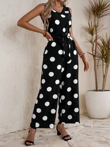 EMERY ROSE Women's Polka Dot Print Sleeveless Jumpsuit With Pocket, Round Neckline And Belted Waistband, Summer