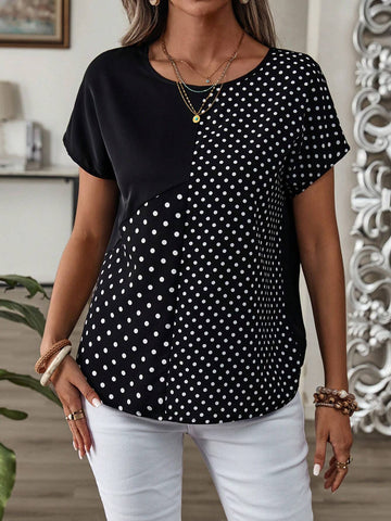 EMERY ROSE Women's Polka Dot Printed Spliced Batwing Sleeve Shirt