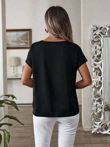 EMERY ROSE Women's Polka Dot Printed Spliced Batwing Sleeve Shirt