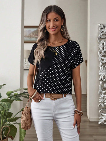 EMERY ROSE Women's Polka Dot Printed Spliced Batwing Sleeve Shirt