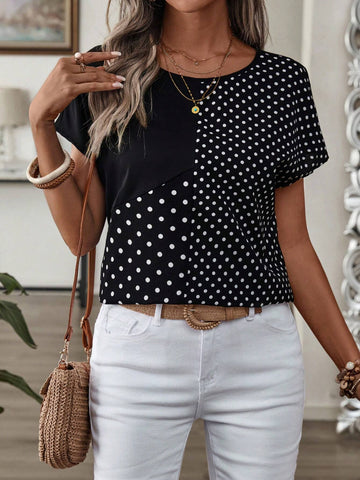 EMERY ROSE Women's Polka Dot Printed Spliced Batwing Sleeve Shirt