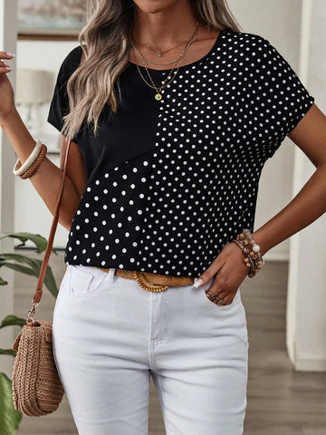 EMERY ROSE Women's Polka Dot Printed Spliced Batwing Sleeve Shirt