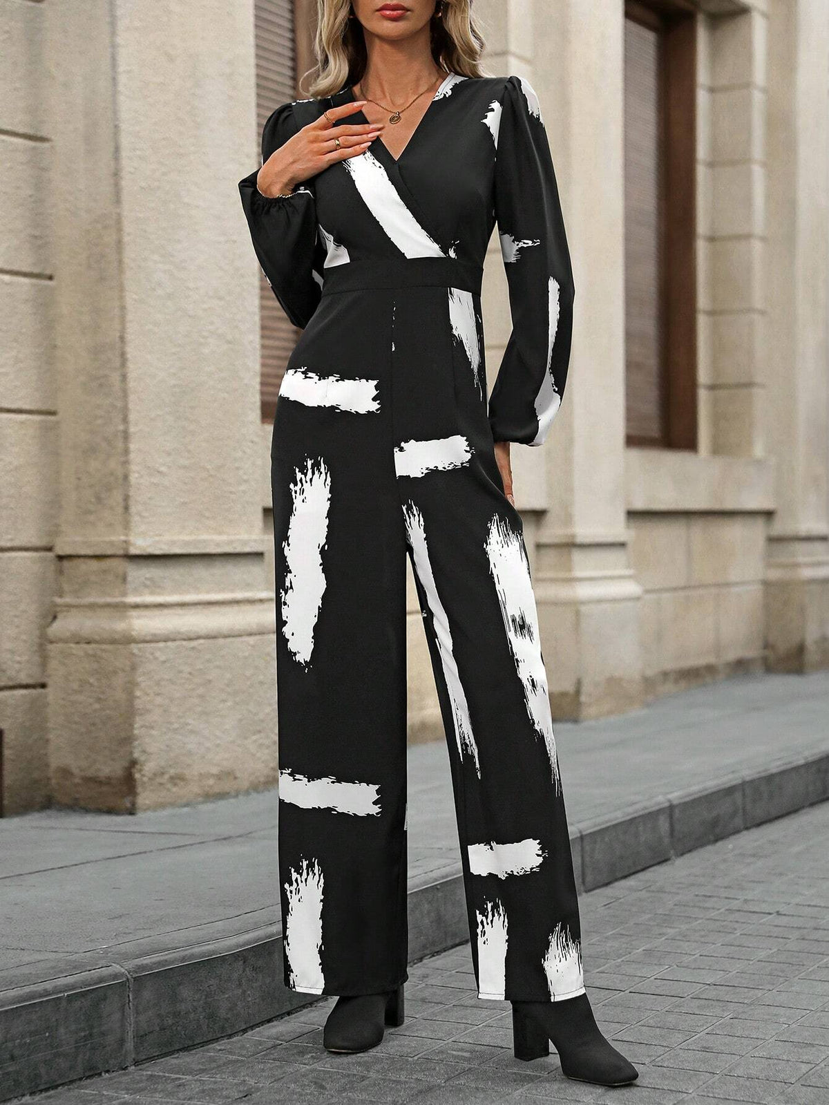 EMERY ROSE Women''s Printed Asymmetrical Neck Lantern Sleeve Jumpsuit Business Casual Women Fall Women Clothes