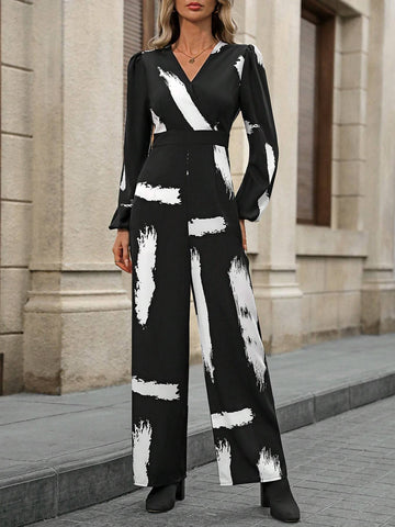 EMERY ROSE Women''s Printed Asymmetrical Neck Lantern Sleeve Jumpsuit Business Casual Women Fall Women Clothes