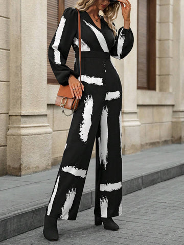 EMERY ROSE Women''s Printed Asymmetrical Neck Lantern Sleeve Jumpsuit Business Casual Women Fall Women Clothes