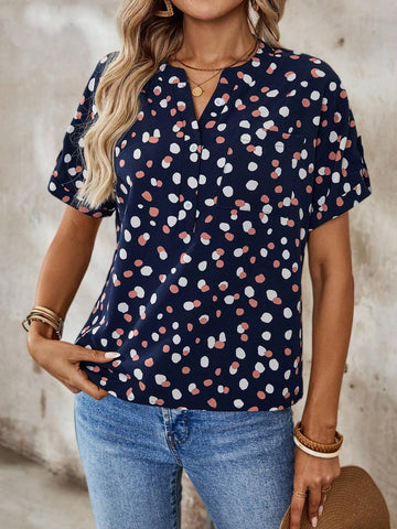 EMERY ROSE Women's Printed Notched Collar Roll-Up Sleeve Shirt Women Blouses Basic T Shirt