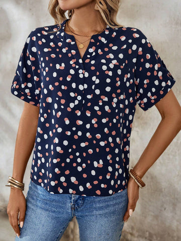 EMERY ROSE Women's Printed Notched Collar Roll-Up Sleeve Shirt Women Blouses Basic T Shirt