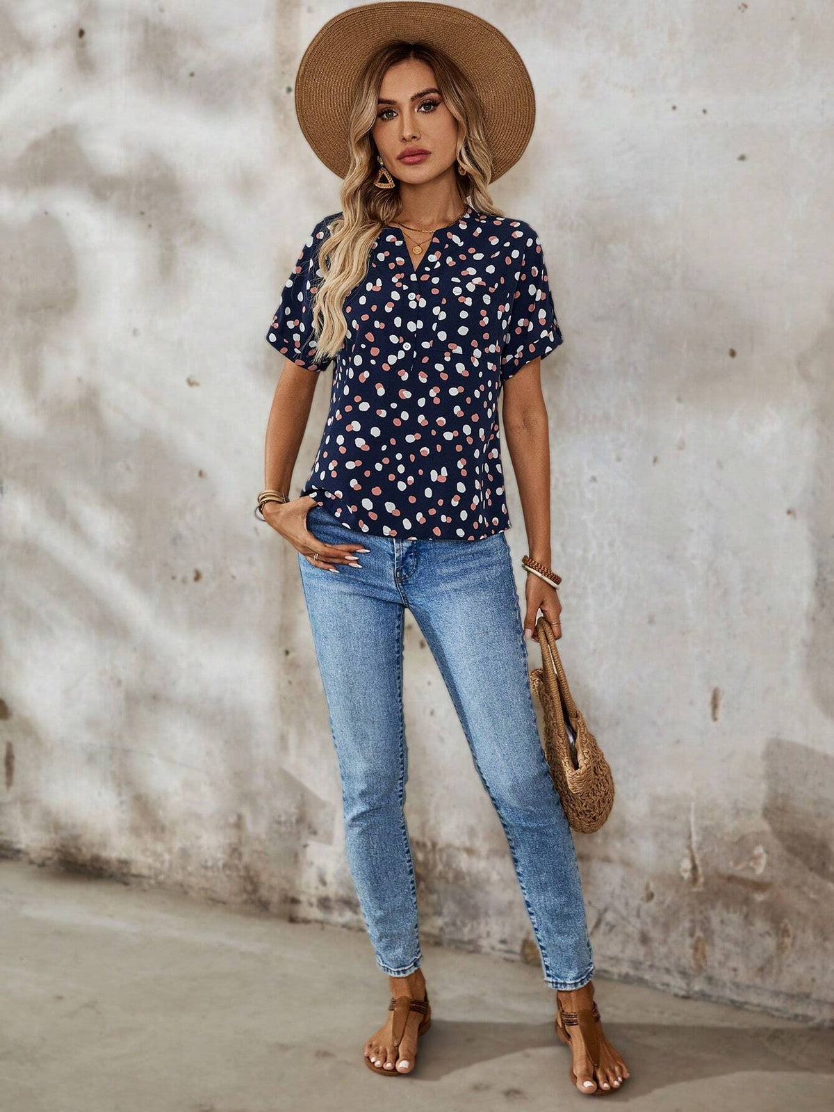 EMERY ROSE Women's Printed Notched Collar Roll-Up Sleeve Shirt Women Blouses Basic T Shirt