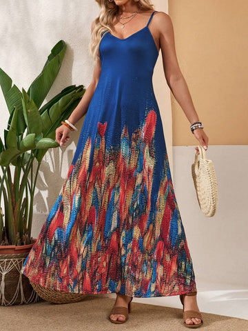 EMERY ROSE Women's Printed Spaghetti Strap Casual & Vacation Style Summer Dress