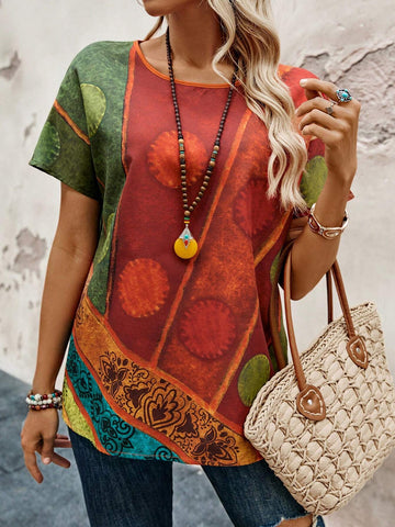 EMERY ROSE Women's Random Printed Short Sleeve Simple Everyday Blouse