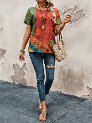 EMERY ROSE Women's Random Printed Short Sleeve Simple Everyday Blouse