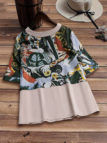 EMERY ROSE Women's Round-Neck Patterned Shirt, Summer Graphic Shirts Casual Shirts Flower Shirt Summer Women Blouses