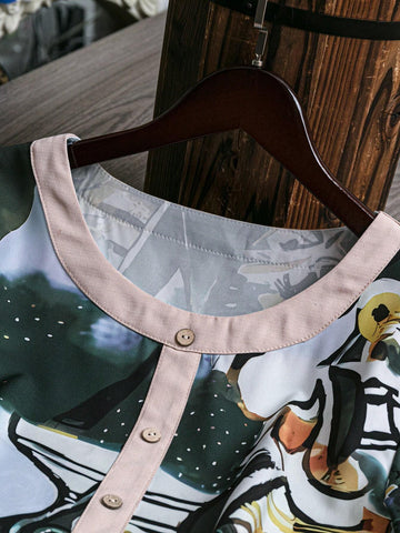 EMERY ROSE Women's Round-Neck Patterned Shirt, Summer Graphic Shirts Casual Shirts Flower Shirt Summer Women Blouses