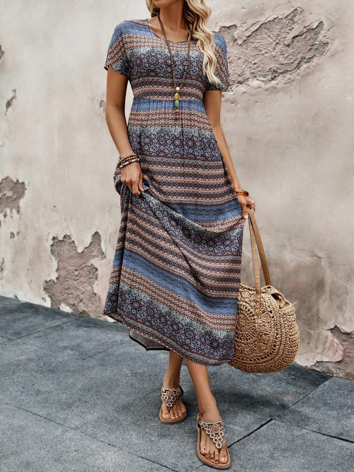 EMERY ROSE Women's Round-Neck Printed Casual Holiday Summer Dress
