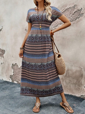 EMERY ROSE Women's Round-Neck Printed Casual Holiday Summer Dress