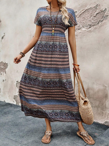 EMERY ROSE Women's Round-Neck Printed Casual Holiday Summer Dress