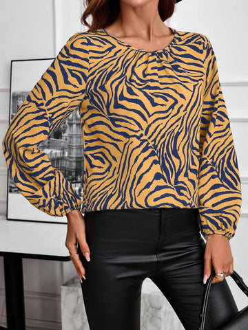 EMERY ROSE Women's Round Neck All-Over Allover Print Casual Tea House Blouse