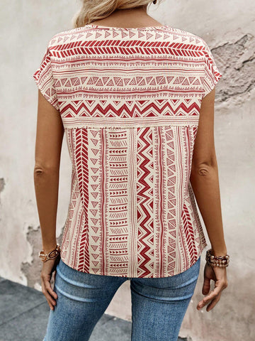 EMERY ROSE Women's Round Neck Batwing Sleeve Printed Summer Blouse