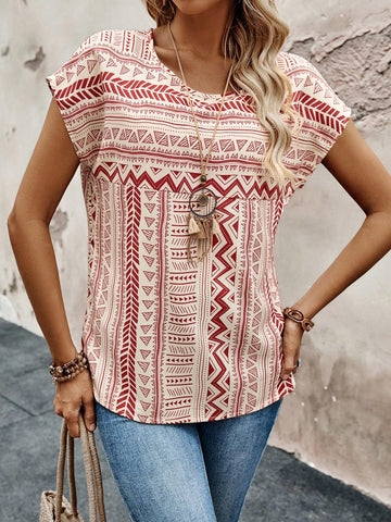 EMERY ROSE Women's Round Neck Batwing Sleeve Printed Summer Blouse