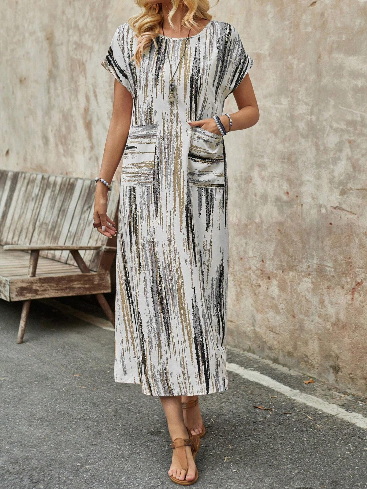 EMERY ROSE Women's Round Neck, Double Pocket , Colorful Striped Long Summer Dress