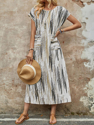 EMERY ROSE Women's Round Neck, Double Pocket , Colorful Striped Long Summer Dress