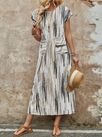 EMERY ROSE Women's Round Neck, Double Pocket , Colorful Striped Long Summer Dress