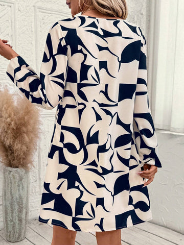 EMERY ROSE Women's Round Neck Long Sleeve All-Over Print Casual Short Dress