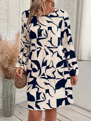 EMERY ROSE Women's Round Neck Long Sleeve All-Over Print Casual Short Dress