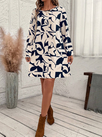 EMERY ROSE Women's Round Neck Long Sleeve All-Over Print Casual Short Dress
