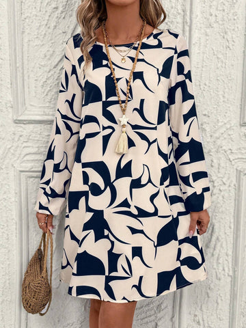 EMERY ROSE Women's Round Neck Long Sleeve All-Over Print Casual Short Dress