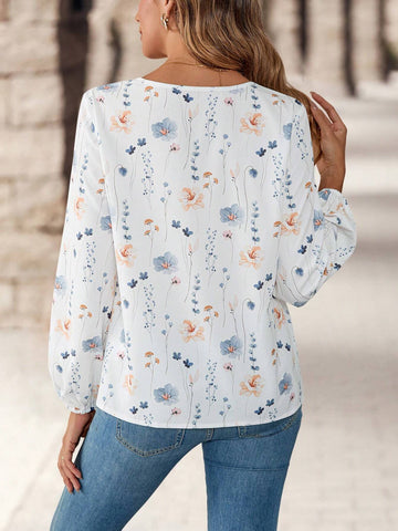 EMERY ROSE Women's Round Neck Long Sleeve Floral All-Over Print Casual Shirt