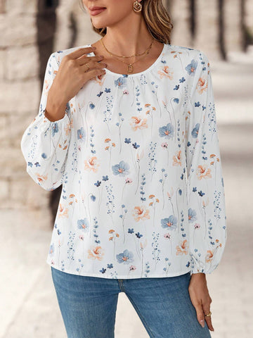 EMERY ROSE Women's Round Neck Long Sleeve Floral All-Over Print Casual Shirt