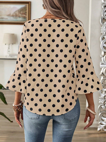 EMERY ROSE Women's Round Neck Long Sleeve Polka Dot All-Over Allover Print Casual Blouse
