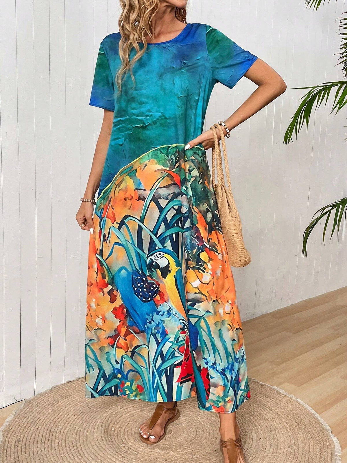 EMERY ROSE Women's Round Neck Short Sleeve Pattern Printed Long Dress
