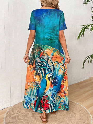 EMERY ROSE Women's Round Neck Short Sleeve Pattern Printed Long Dress