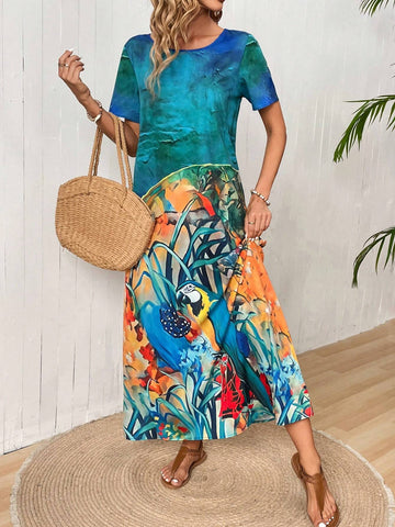 EMERY ROSE Women's Round Neck Short Sleeve Pattern Printed Long Dress