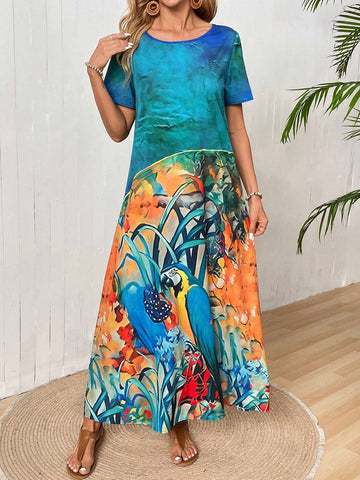 EMERY ROSE Women's Round Neck Short Sleeve Pattern Printed Long Dress