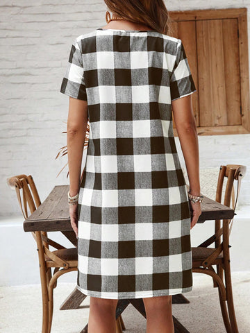 EMERY ROSE Women's Round Neck Short Sleeve Pocket Casual Plaid Short Dress