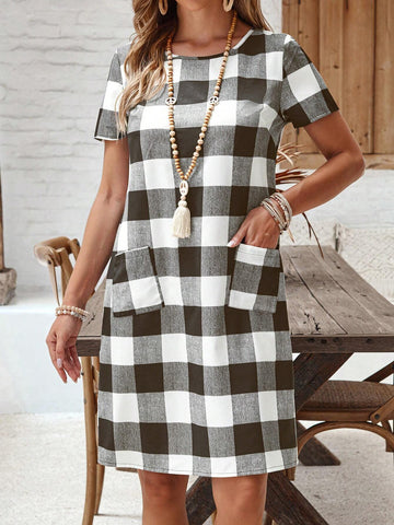 EMERY ROSE Women's Round Neck Short Sleeve Pocket Casual Plaid Short Dress