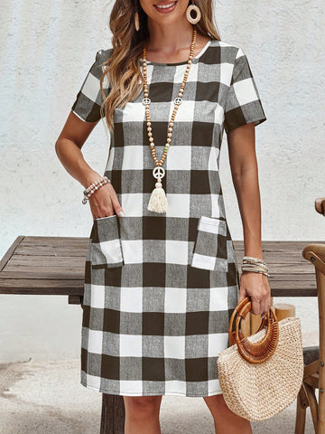 EMERY ROSE Women's Round Neck Short Sleeve Pocket Casual Plaid Short Dress