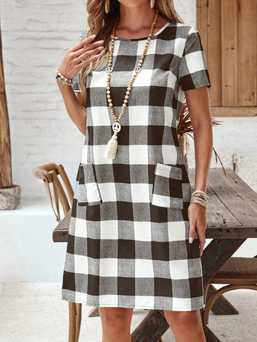 EMERY ROSE Women's Round Neck Short Sleeve Pocket Casual Plaid Short Dress