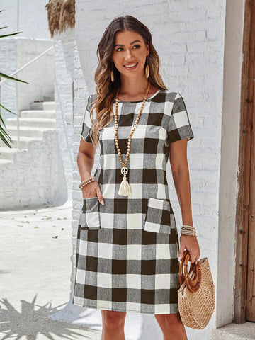 EMERY ROSE Women's Round Neck Short Sleeve Pocket Casual Plaid Short Dress