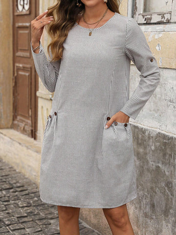 EMERY ROSE Women's Round Neck Striped Print Ruffle Sleeve Mini Dress