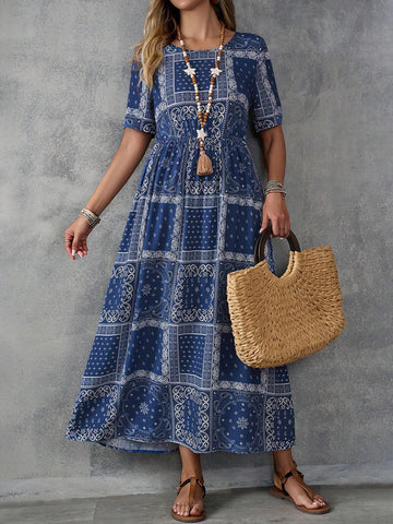 EMERY ROSE Women's Round Neck Vintage Printed Casual Summer Short Sleeve Dress