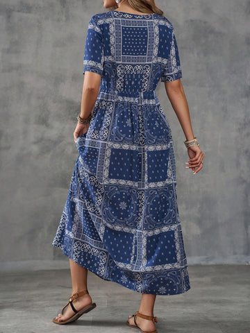 EMERY ROSE Women's Round Neck Vintage Printed Casual Summer Short Sleeve Dress