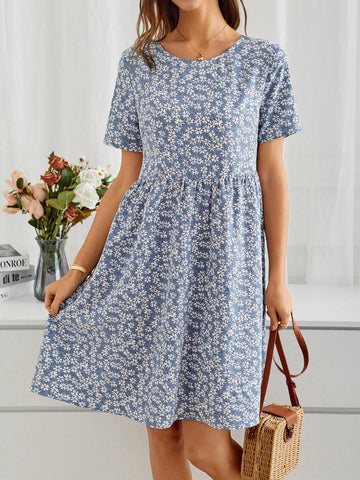 EMERY ROSE Women's Short-Sleeved Doll Dress With Floral Print